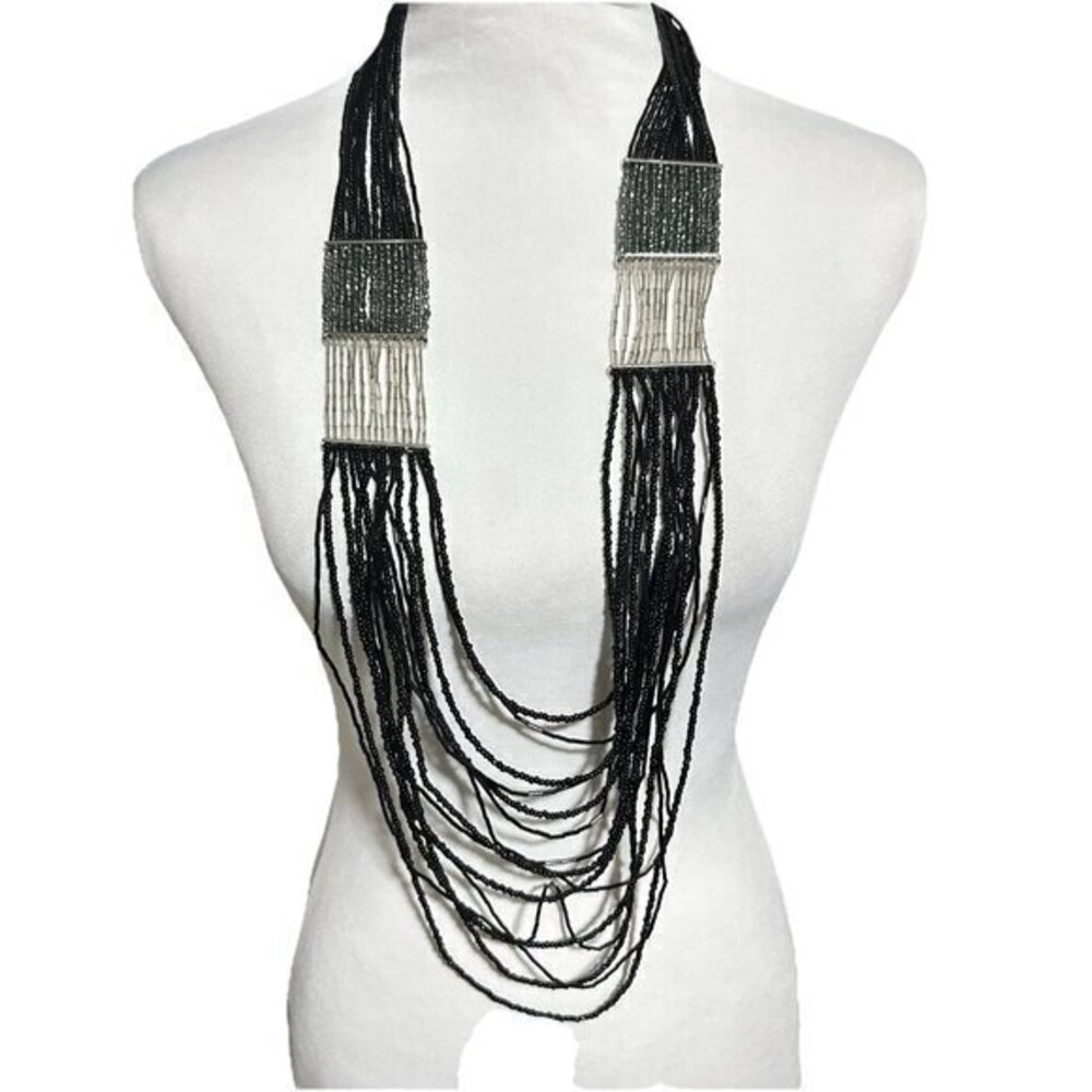 Chico's long Black multi strand layered tribal statement Necklace Seed Bead N3